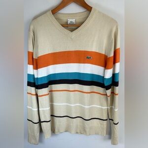 Vintage Lacoste Mens Tan Striped V-Neck Pullover Cotton Sweater Long Sleeve Sz 6